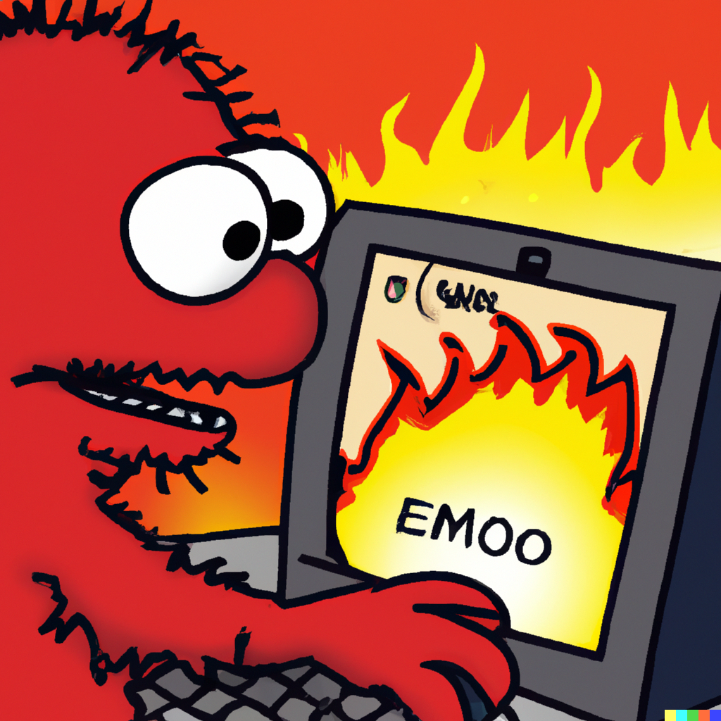 Elmo (?) at his laptop while fire burns in the background with the word EMOO appearing on the screen