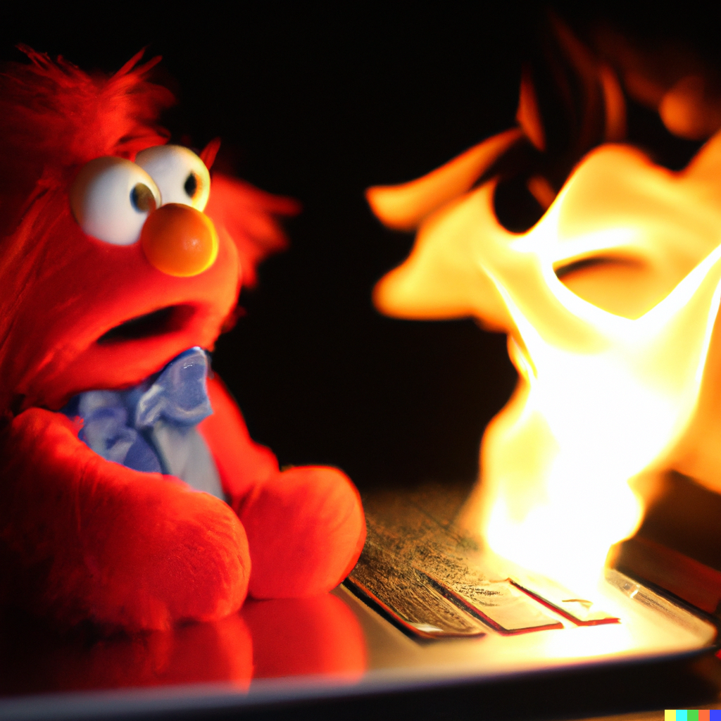 Elmo looking at his laptop as it bursts into flames