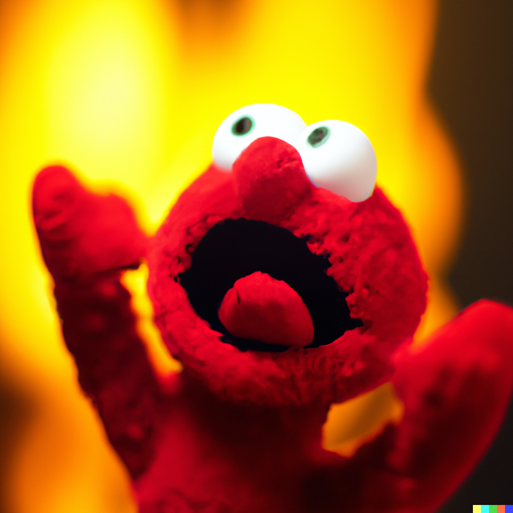 Elmo throwing his arms into the air and sticking his tongue out as the fire burns behind him