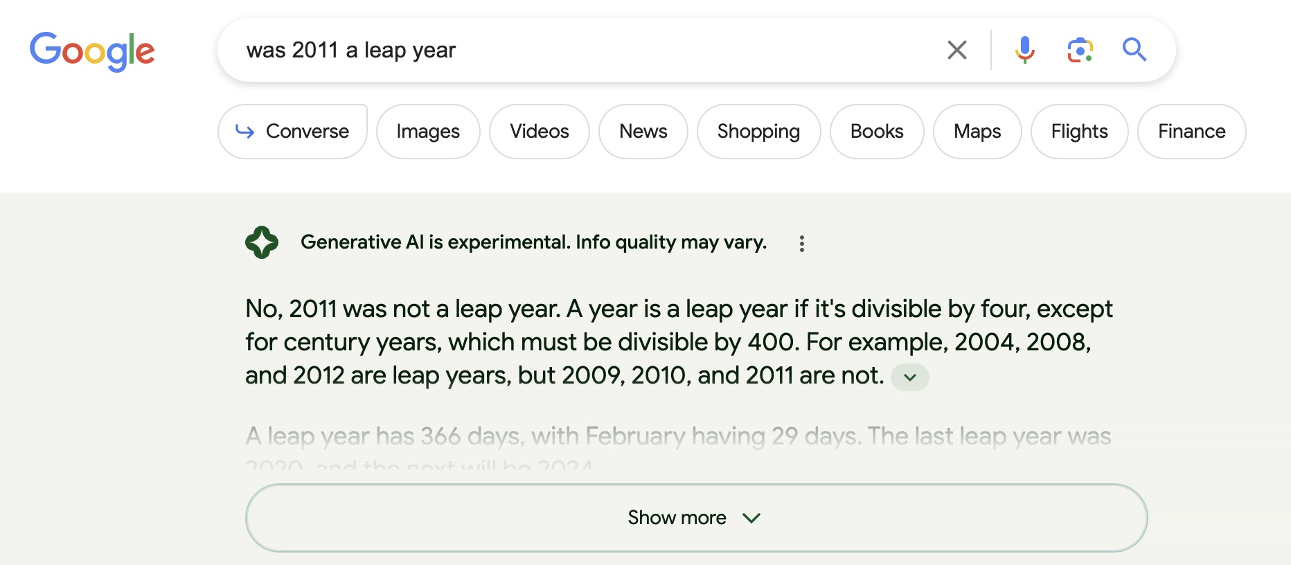 Me asking Google if 2011 was a leap year because I am too lazy to do math