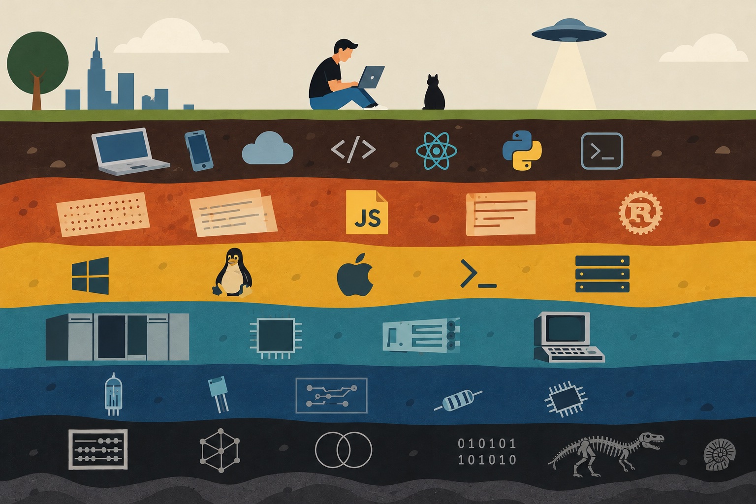 A cross-section of geological strata. On the surface a person sits on the grass with a laptop, next to a cat, under a hovering UFO. Each layer below holds an older era of computing: laptops, phones and cloud icons, then punch cards and JavaScript, then operating-system logos, then mainframes and chips, then vacuum tubes and circuit boards, and at the bottom an abacus, binary digits and a dinosaur fossil.